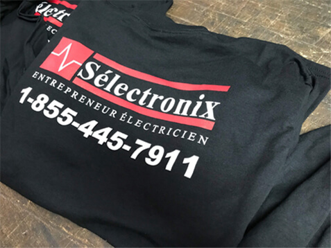 Screen printing on Sélectronix promotional clothing